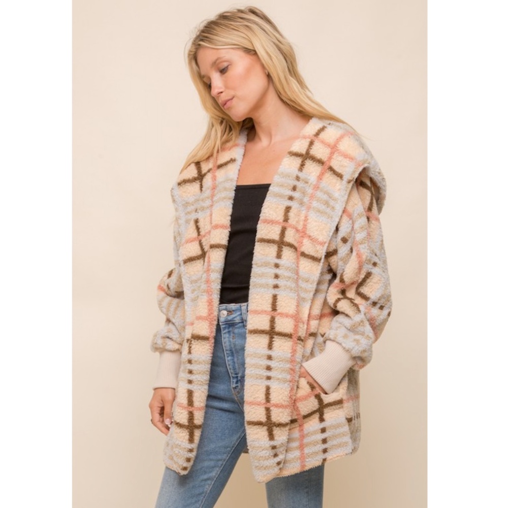 Plaid Hooded Open-Front Jacket in Cream and Pastel